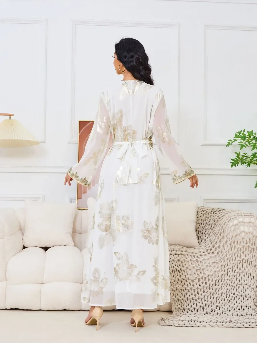 Robe de soirée pour femmes musulmanes, caftan turc, Abaya Jalabiya, robes de Ramadan, caftan marocain, col en V, ceinture brodée, robe éducative, Eid