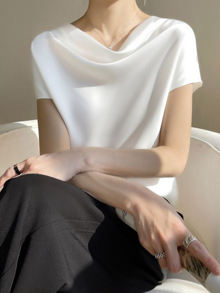 T-shirt en satin de soie pour femme, style français, printemps-été, minimaliste, élégant, à manches courtes, hauts de tempérament pour femme