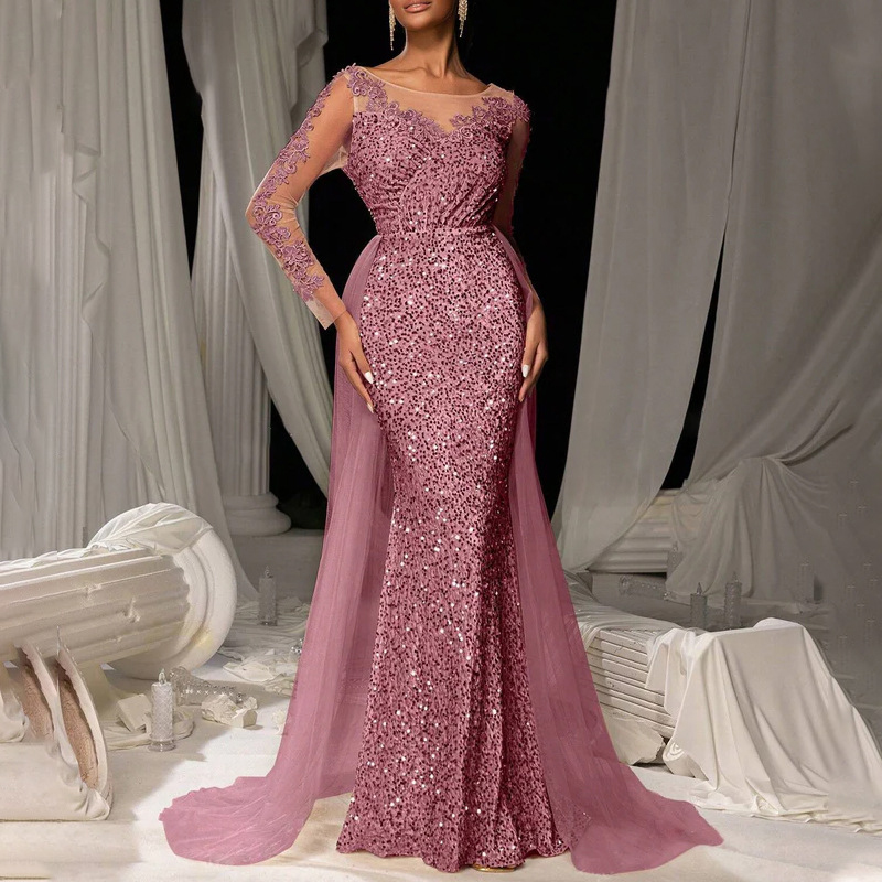Robe de soirée de luxe à manches longues, Slim, élégante, col en v, dentelle, paillettes, maille épissée, mode, couleur unie, taille haute, paillettes