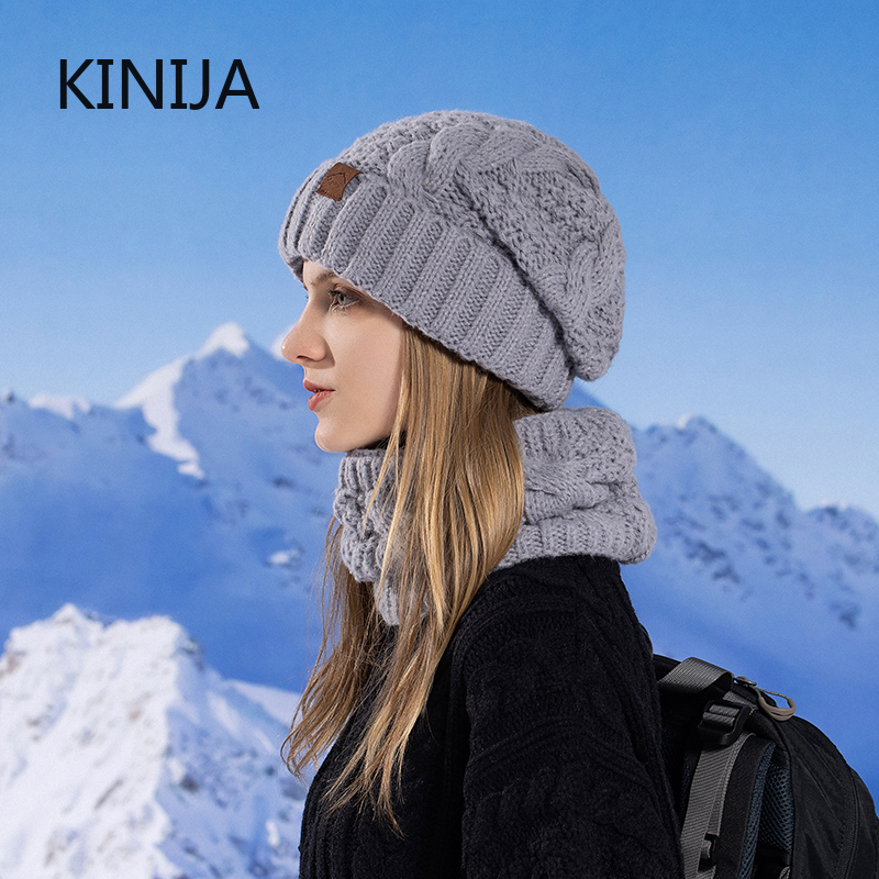 Ensemble écharpe et chapeau tricoté pour femmes, doublure polaire épaisse, Skullcap, cyclisme en plein air, Protection contre le vent chaud, hiver
