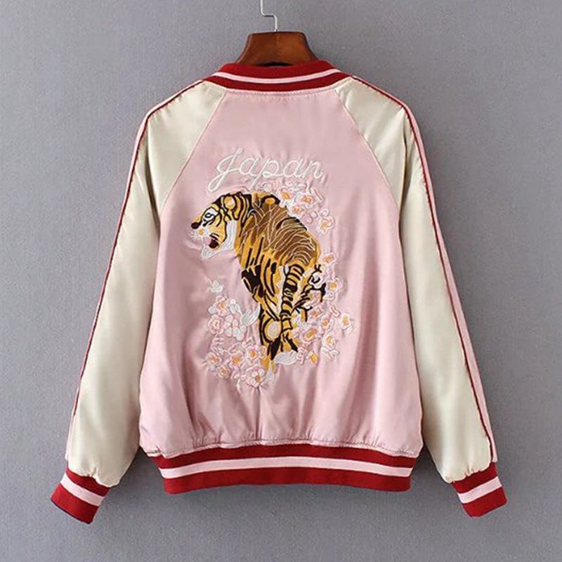 Veste de Baseball en Satin Double face pour femmes, blouson bombardier Sukajan, manteau brodé pour filles, printemps automne 2025, rose