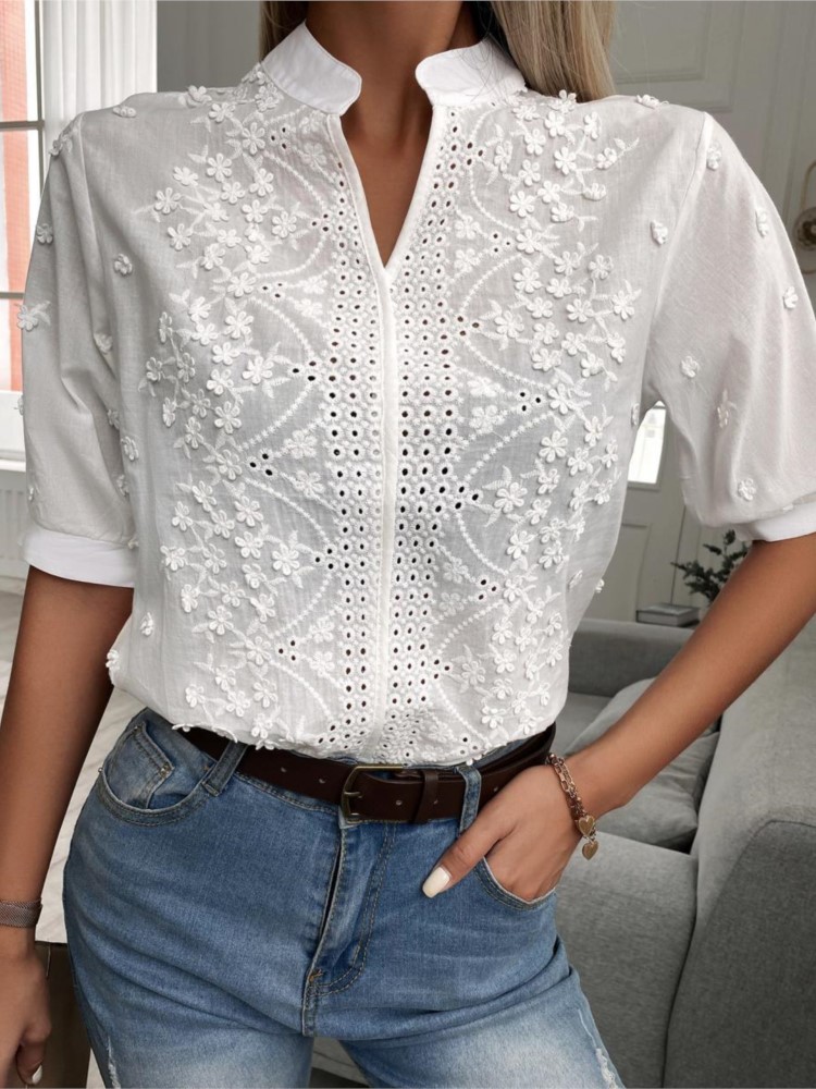 Chemisier élégant à manches courtes et col en V pour femmes, chemise en dentelle pour femmes, haut blanc, décontracté, bureau, fête, t-shirts pour femmes, nouvelle mode, été