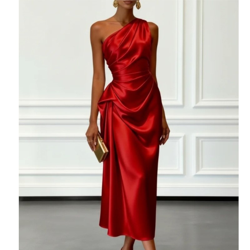 Nouvelle Robe de Soirée Plissée en Satin Haut de Gamme Sans Manches pour Femme, Modèle Sexy et Tendance pour l'Été 2026