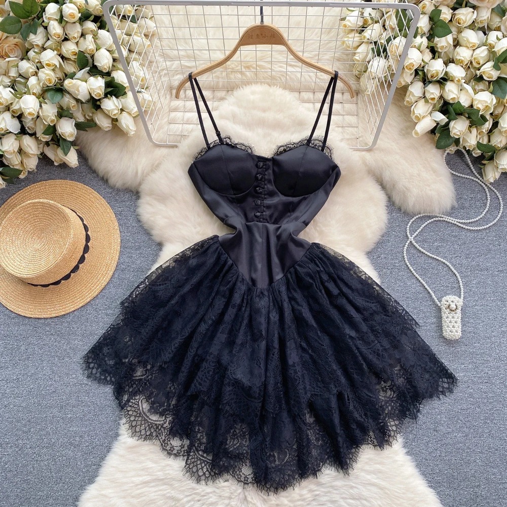 Robes Sexy en maille et dentelle pour femmes, col licou, basique, simple boutonnage, sans manches, Chic, à volants, taille fine, vêtements pour femmes