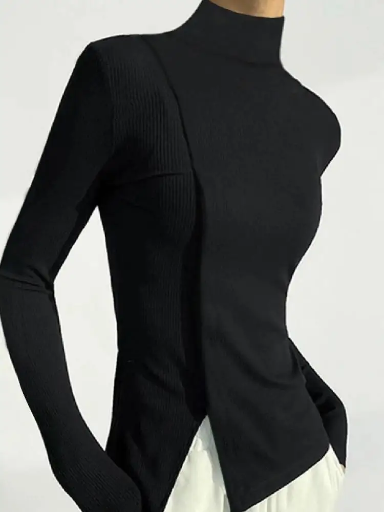 Bonboho-T-shirt à manches longues et col haut pour femme, pull slim, chemises urbaines, noir uni, simple, mode automne