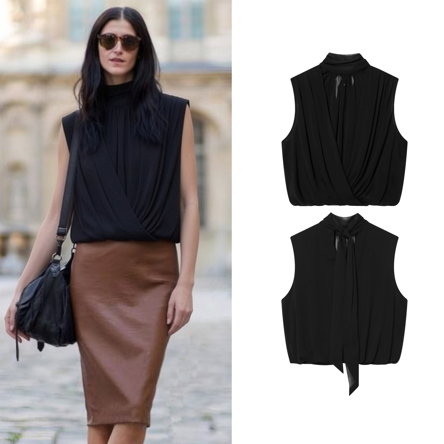 Hauts drapés noirs pour femmes, style ballon, col roulé sans manches, chic et tendance, pour l'été