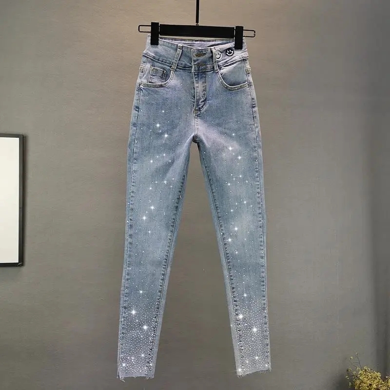 Jean femme 2025 été nouveau élastique mince industrie lourde diamant chaud petit pied crayon pantalon femme pantalon Denim décontracté