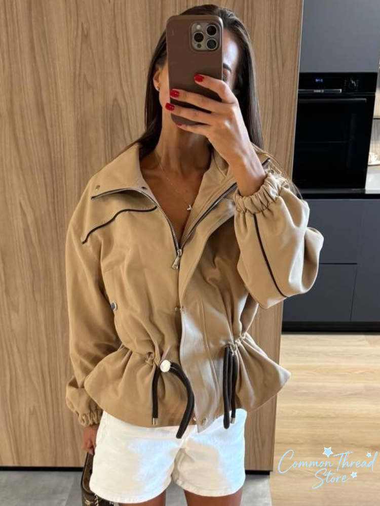 Nouvelle Veste Courte Femme Tendance à Cordon de Serrage, Col Revers, Manches Longues, Simple Boutonnage, Coupe Slim, Printemps Automne 2026, Tenue Quotidienne Urbaine