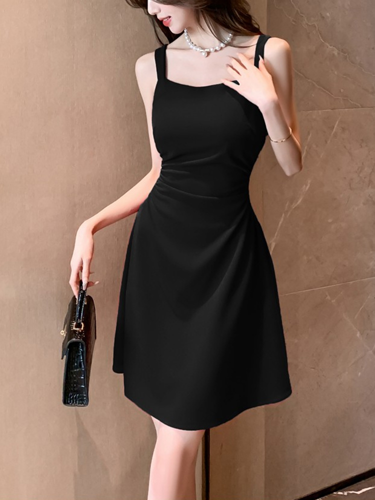 Femmes classique noir blanc robe à bretelles élégante dame tempérament quotidien a-ligne Mini robes femme mode fête taille robe