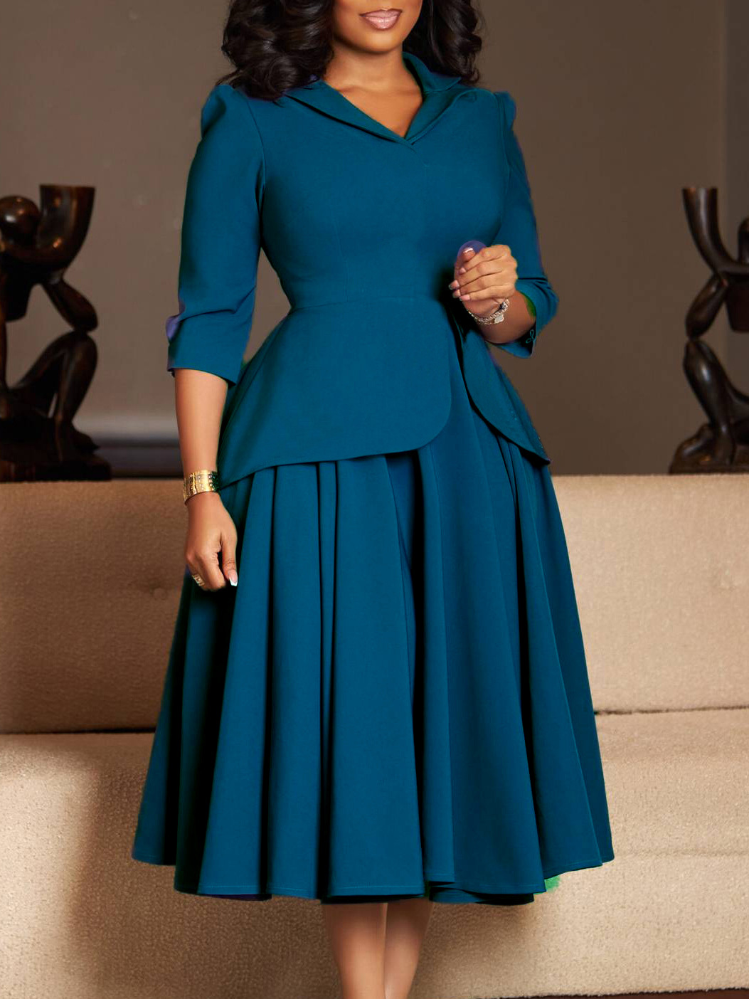 Robe grande taille pour femmes, mode automne printemps, manches trois-quarts, col de costume, couleur unie, avec grande jupe ourlet