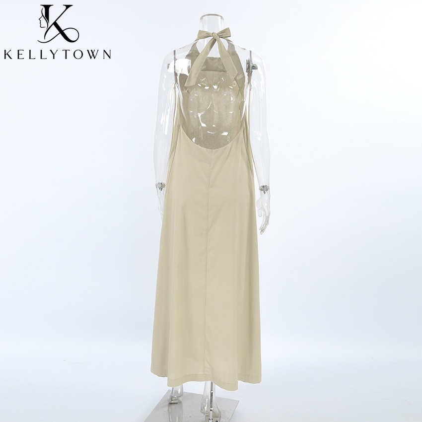 Robe longue d'été en coton et lin kaki pour femme, style français décontracté, dos nu, coupe trapèze ample, sans manches