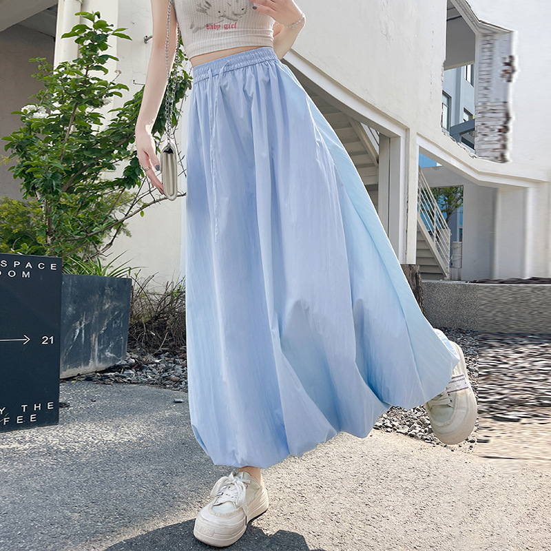 Jupe longue décontractée unie pour femme, style coréen été 2026, taille haute, jupe bouffante trapèze avec poches
