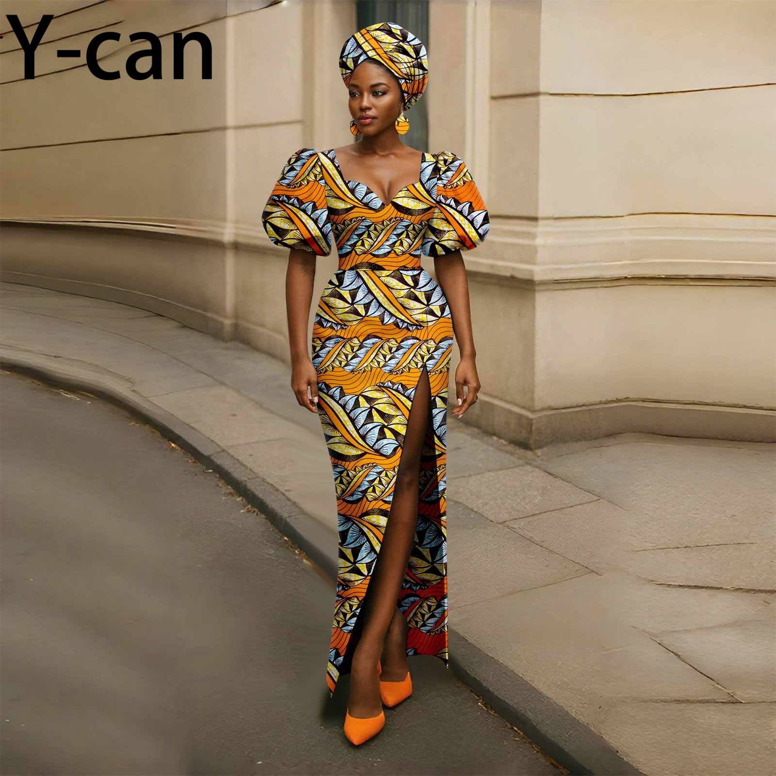 Robes africaines pour femmes, Sexy, mode, manches bouffantes, robe fendue avec foulard, boucles d'oreilles, Style africain, fête de mariage, 2525158