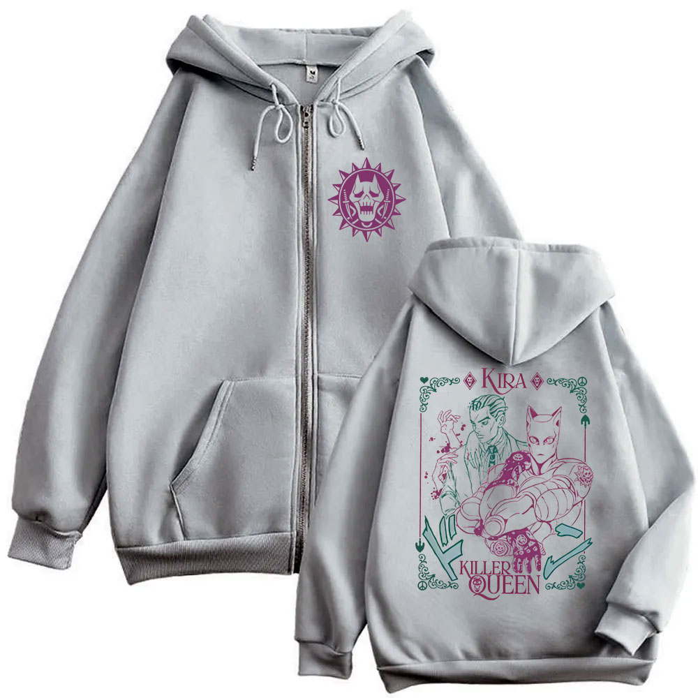 Anime Jojo's Bizarre Adventure Kira Killer Queen sweat à capuche avec fermeture éclair hommes femmes Manga décontracté Vintage veste zippée mâle manteau surdimensionné