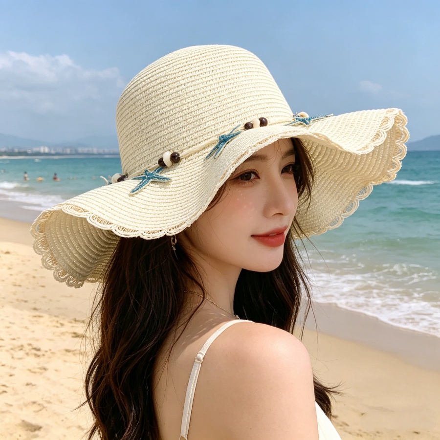 Chapeau de paille à large bord style bohème orné de coquillages, design ajouré respirant, bord ondulé, protection solaire, idéal pour les activités en bord de mer et les séances photo