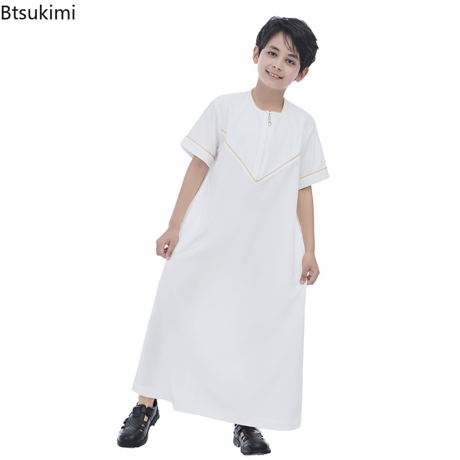 Robe musulmane saoudienne pour garçons, Dishdasha, Abaya, Kaftan, vêtements de prière islamiques, Thobe à manches courtes, tenue pour adolescents du Moyen-Orient, Dubaï