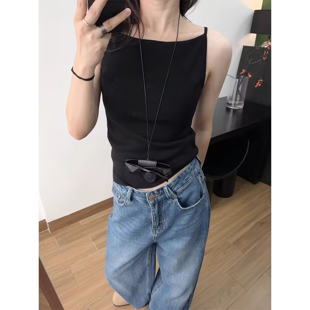 Gilet camisole slim pour femmes, haut sans manches à col bateau de couleur unie