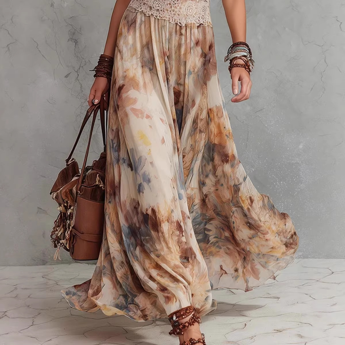 Robe longue d'été bohème vintage pour femme, style peinture à l'huile, à bretelles, cintrée à la taille, motif floral, pour vacances à la plage, tourisme 2026