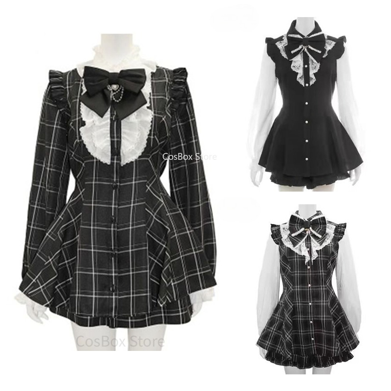7 Styles Jirai Kei Robe à carreaux noirs avec nœud, dentelle, manches longues ou courtes, jupe, tenue Lolita Kawaii sombre et douce Ryousangata, style japonais