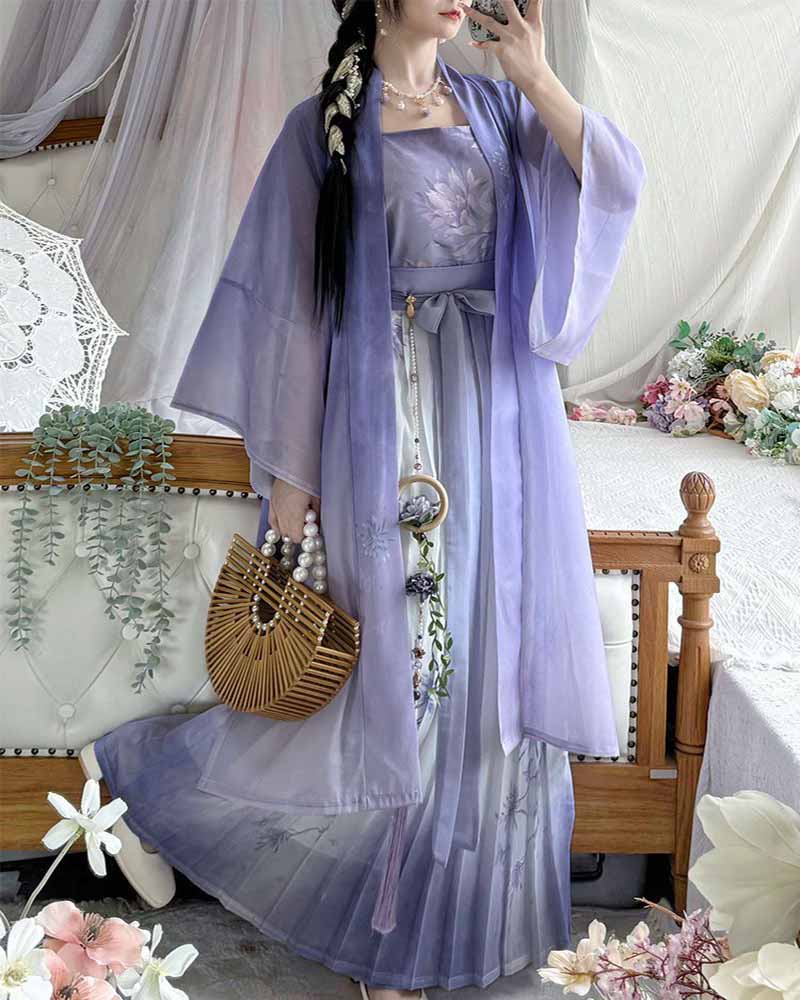 Robe Hanfu chinoise pour femmes, Costume de Cosplay de la dynastie des chansons, Cardigan Long violet, jupe Camisole violette