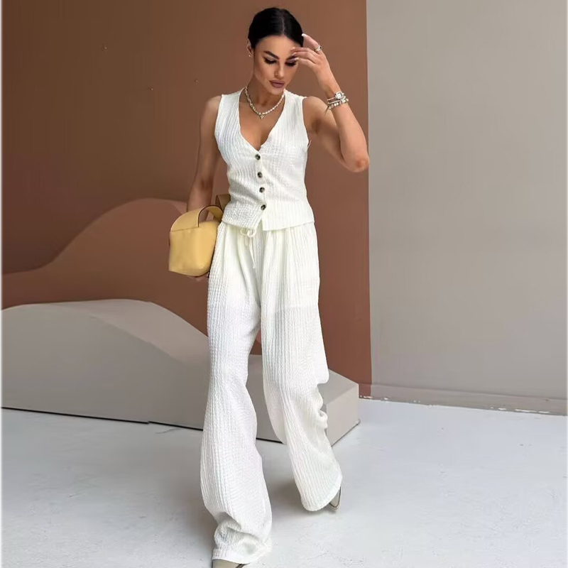 MUJER femmes pantalons ensembles texturés taille haute pantalons ensembles pour femmes 2 pièces sans manches gilet femme tenue dame ensembles femmes costumes