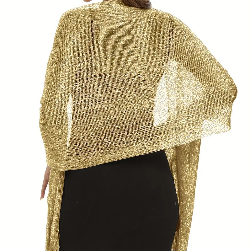 Écharpe en dentelle dorée et argentée brillante avec pompons, châle de protection solaire, hijab tendance, foulards brillants pour femmes, pour soirée, robe de soirée, ou usage quotidien