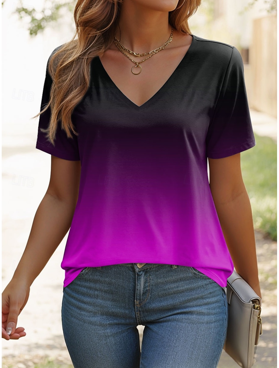 T-shirt femme Ombre graphique élégant décontracté manches courtes col en V hauts réguliers imprimé quotidien été dégradé femmes mode t-shirts