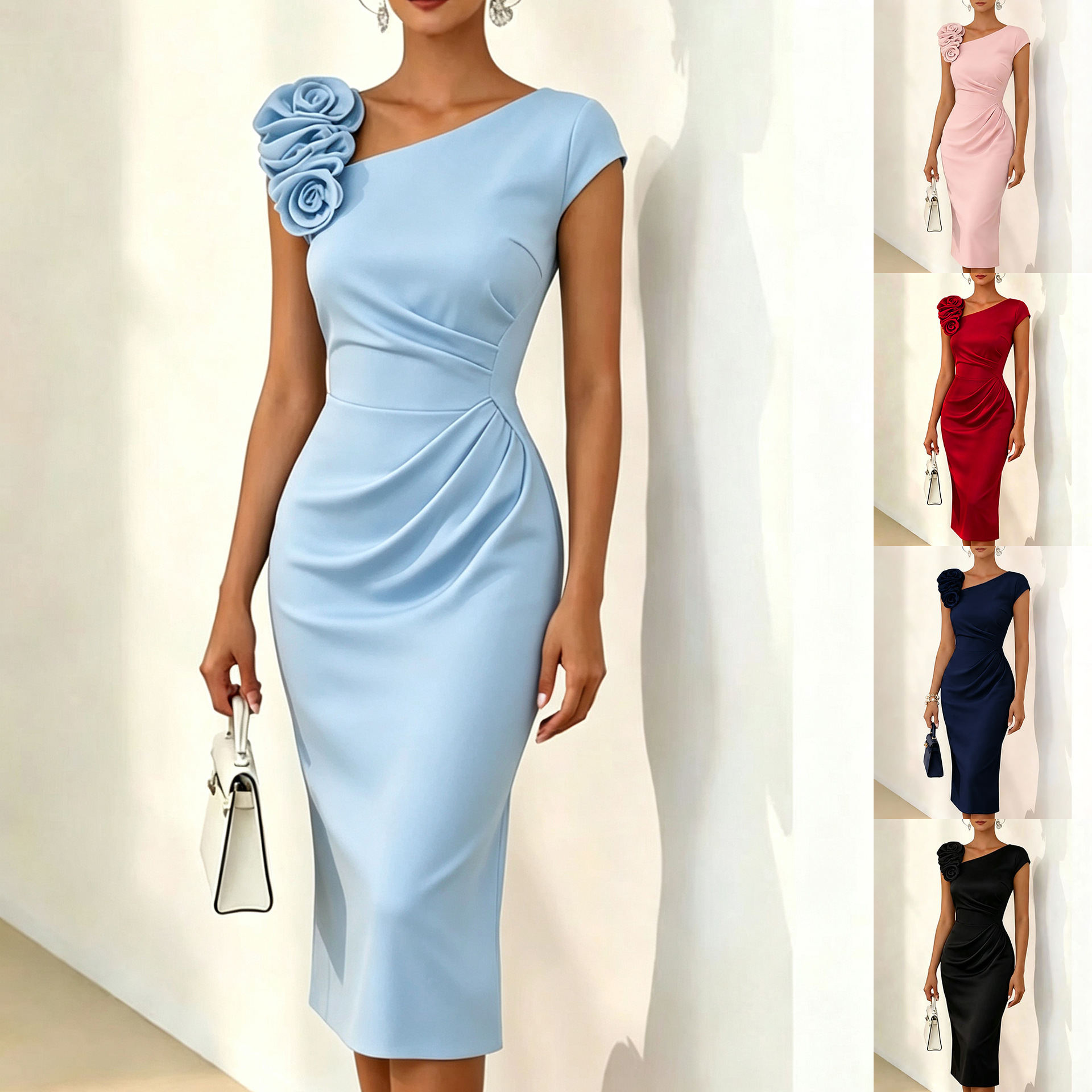 Robe midi élégante pour femme, asymétrique à une épaule, ornée de fleurs 3D, froncée, moulante, style crayon, pour soirée formelle ou invitée de mariage
