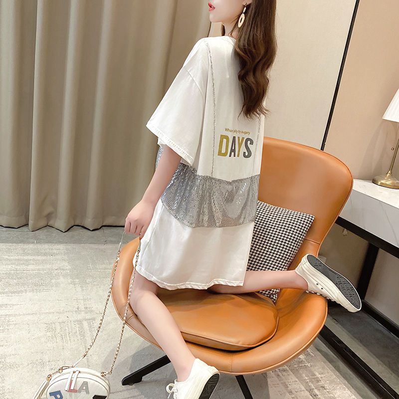 T-shirt à manches courtes à col rond pour femmes, faux pulls deux pièces, épissé, paillettes, décontracté, lettre, été