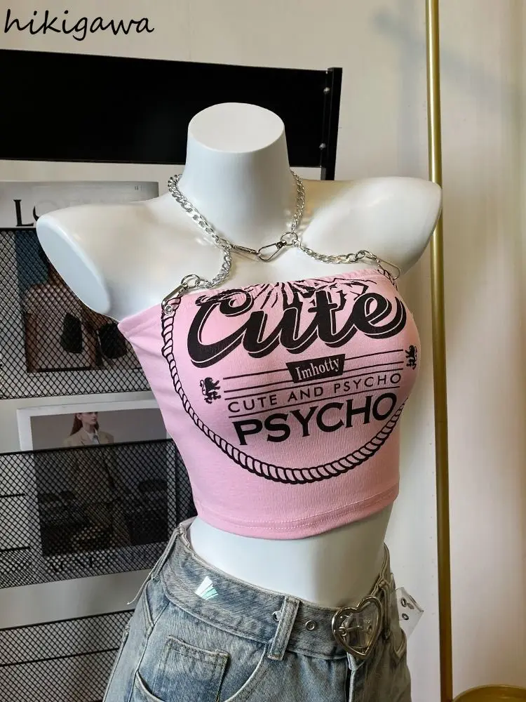 Débardeur d'été à la mode pour femmes, vêtements avec lettres roses douces, tunique dos nu, Camis, chaîne Harajuku, gilet Sexy Y2k, Ropa Mujer