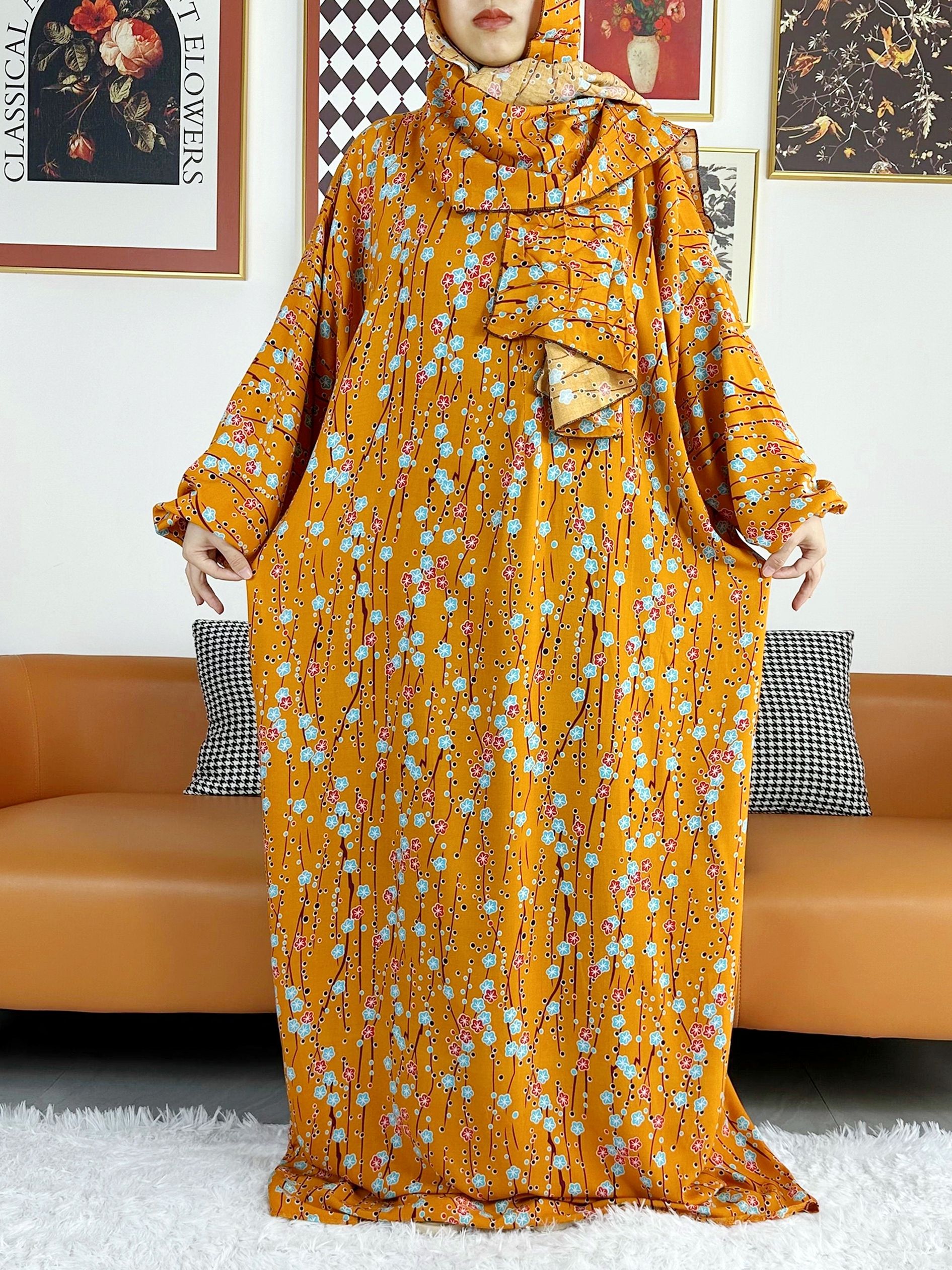Abaya à capuche pour femmes musulmanes, vêtement de prière en coton africain, Kaftan avec Hijab, imprimé Floral, Robe saoudienne de dubaï au Ramadan, 2025