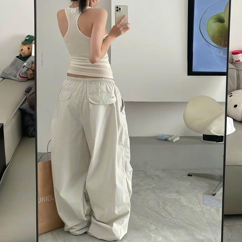 Deeptown Beige surdimensionné femmes Parachute pantalon basique jambe large Jogging mode coréenne Cargo pantalons de survêtement Baggy Hip Hop décontracté nouveau