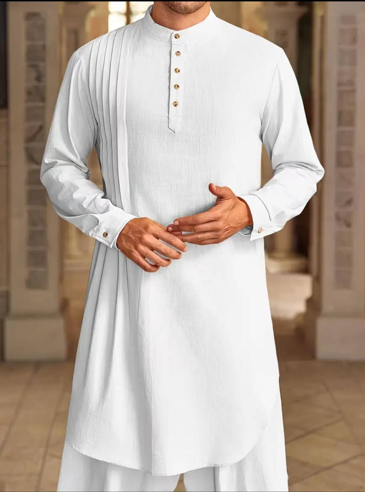 Nouvelle chemise musulmane d'été 2026 pour hommes, style Moyen-Orient, Arabie, Malaisie, en coton et lin, à boutons, robe musulmane, hauts traditionnels à manches longues
