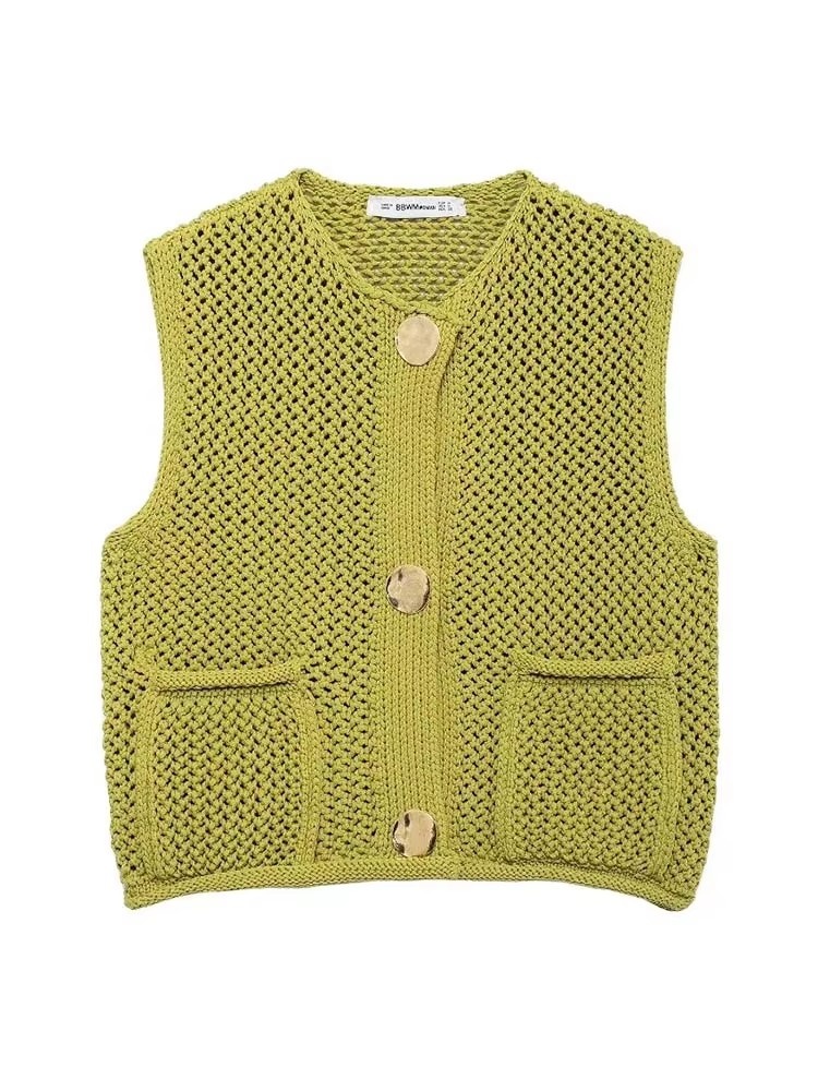 Femmes mode sans manches aiguille grossière tricot gilet pull femme Chic grandes poches Patch boutons Cardigan gilet hauts