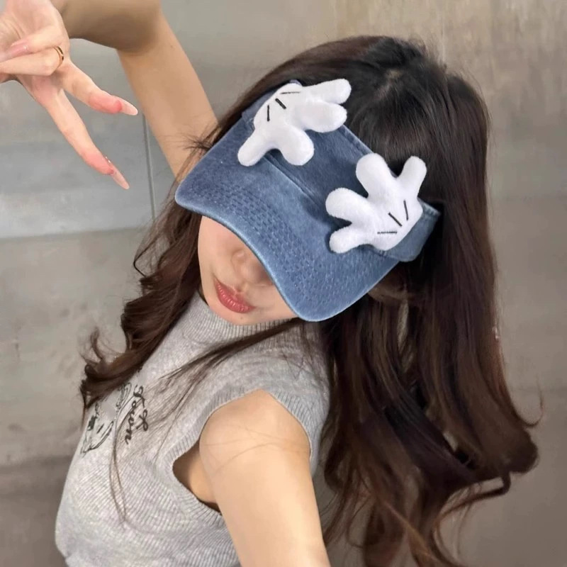 Chapeau femme 2025 nouveau dessin animé mignon Mickey petite main vide haut-de-forme Version coréenne rétro lavé Denim visière
