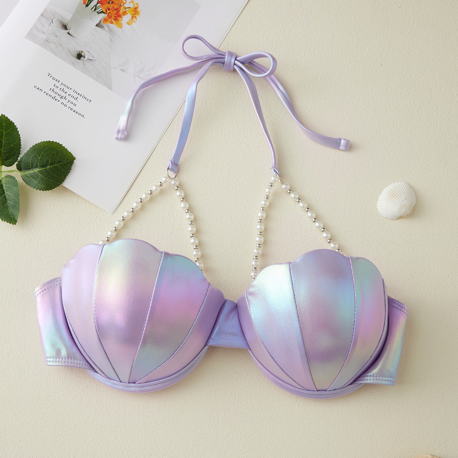 Hauts de bikini à perles pour femmes, col licou, paillettes, coquille, maillot de bain, style plage, vêtements de station