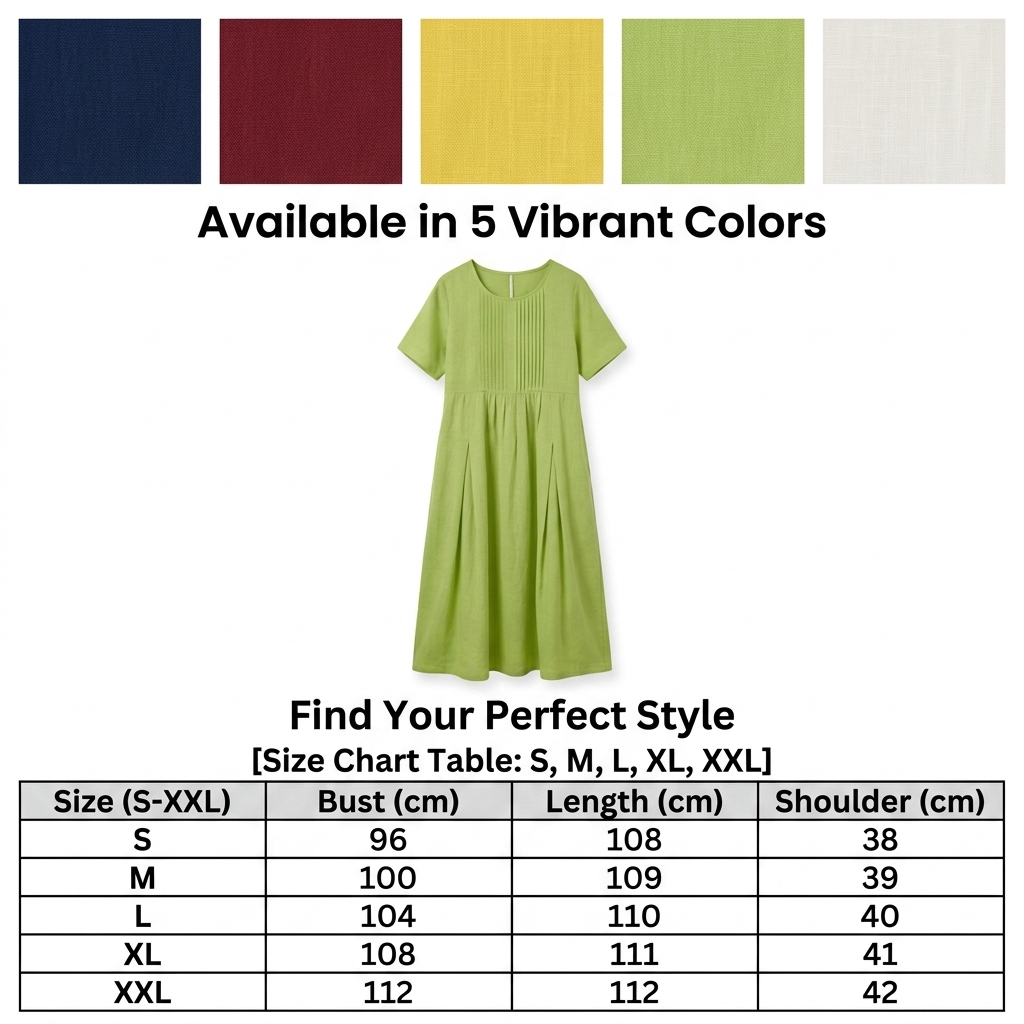 Robe en coton et lin pour femmes, plissée, couleur unie, manches courtes, décontractée, mi-longue, style pull-over.