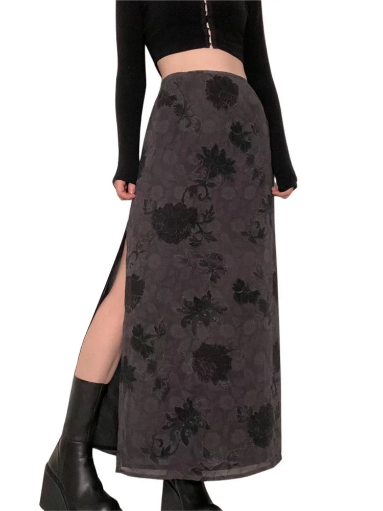 Jupe longue taille haute à fleurs pour femmes, fendue, gothique grunge, Y2K, décontractée, bohème, streetwear, été