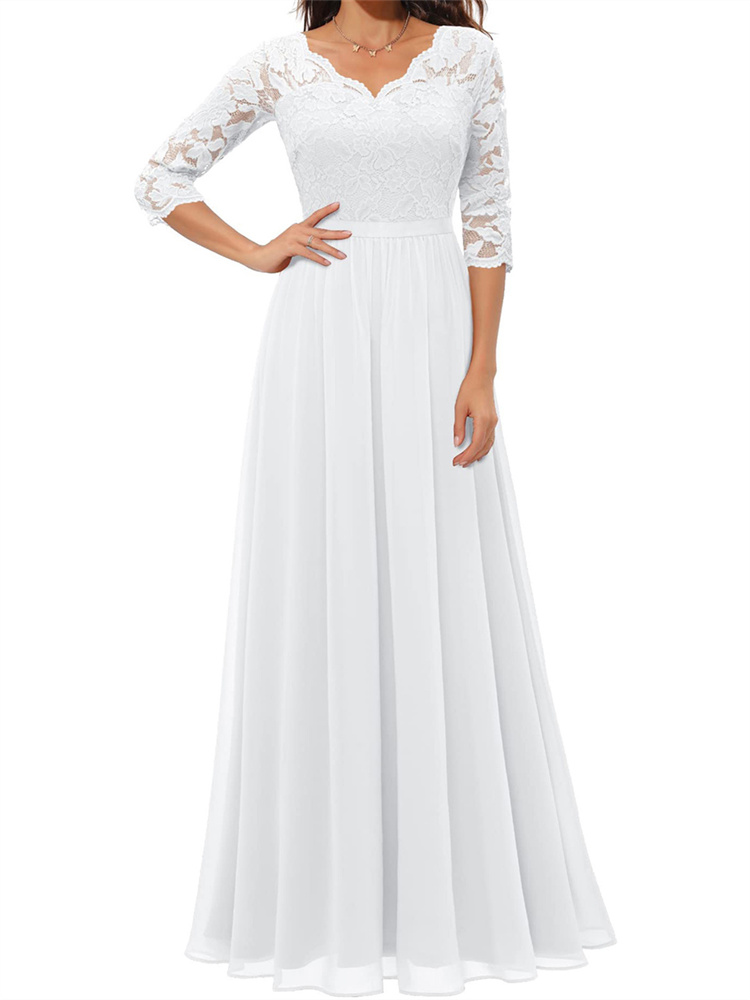 Robe longue en dentelle Patchwork pour femmes, col en v, demi-manches, robes plissées pour fête de mariage, soirée élégante ﻿