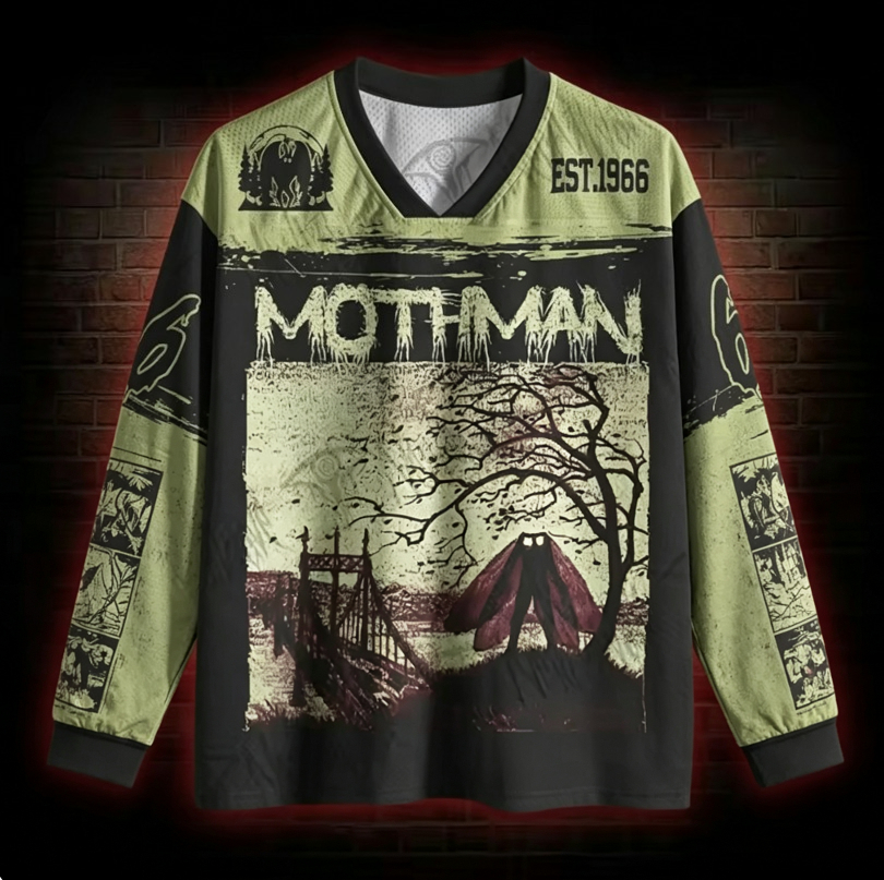 T-shirt sport vintage à manches longues avec motif créature d'horreur, imprimé gothique et poignets droits
