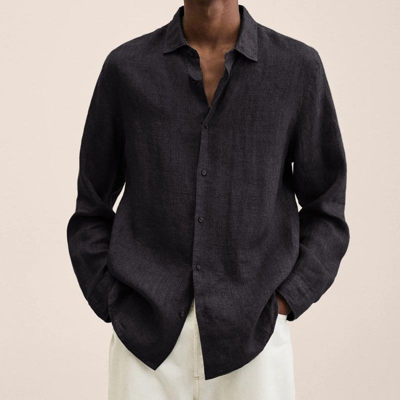 Chemise à manches longues en lin et coton pour hommes, coupe décontractée, col boutonné, respirante, couleur unie, hauts d'été pour hommes