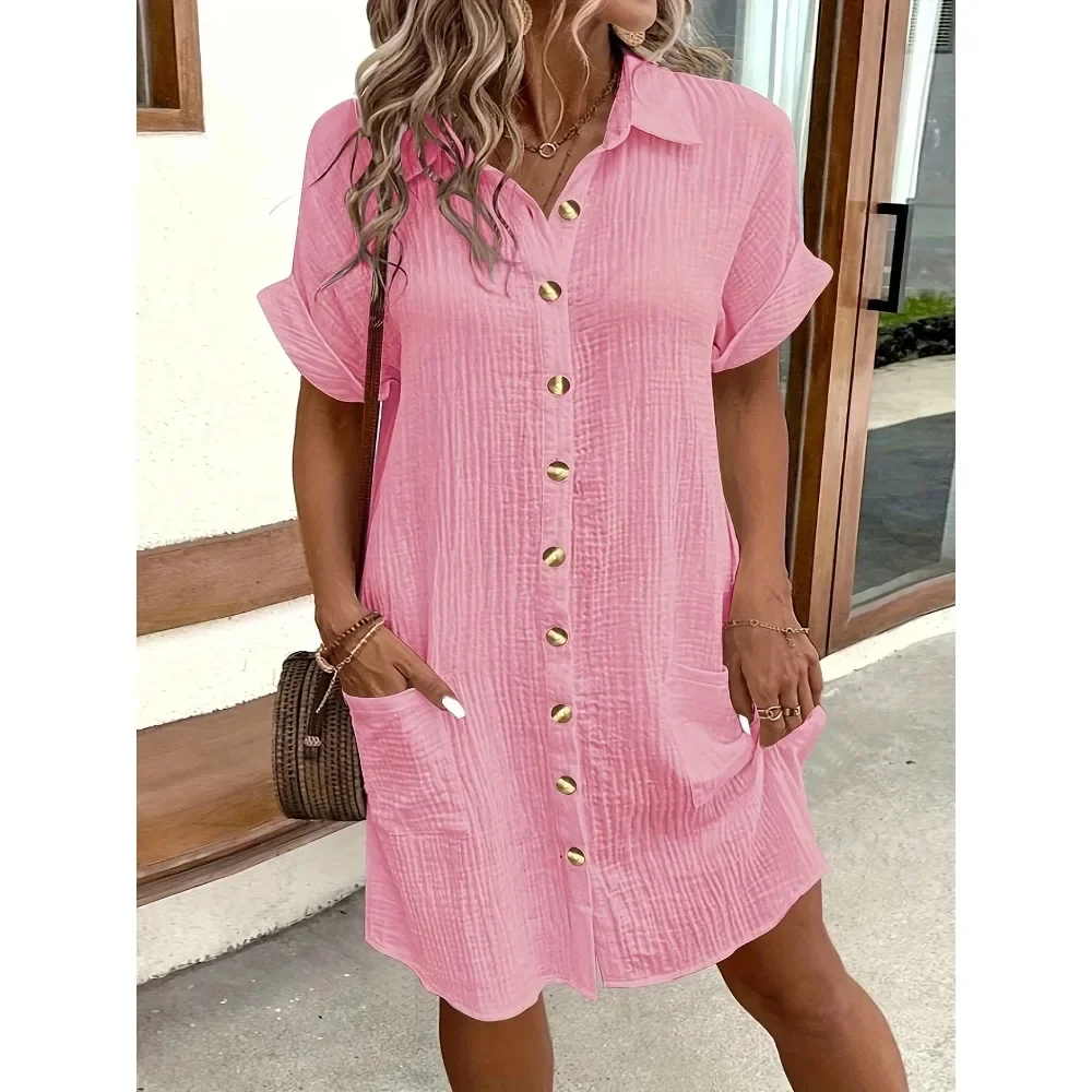 Robe chemise Simple pour femmes, grande taille 1XL-5XL, mode printemps et automne, décontractée, couleur unie, bouton à revers