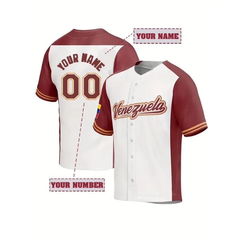 Maillot de Baseball Venezuela personnalisable, hauts d'entraînement confortables à manches courtes avec broderie de nom et de numéro personnalisés uniques