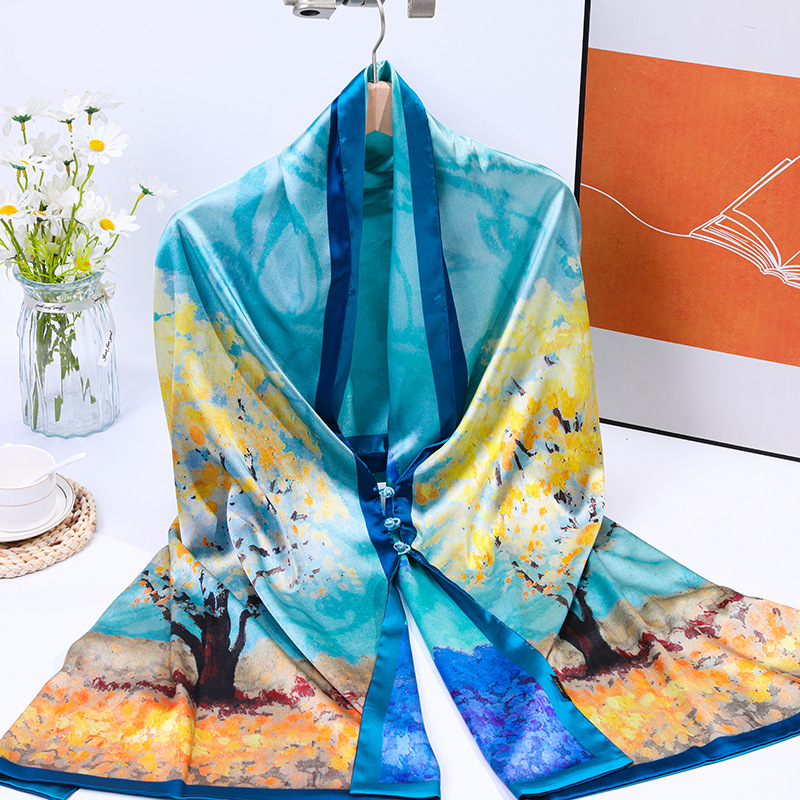 Écharpe en soie double couche de style chinois avec imprimé en relief, cadeau festif, motif floral double face, détails boutonnés, chaleur hivernale