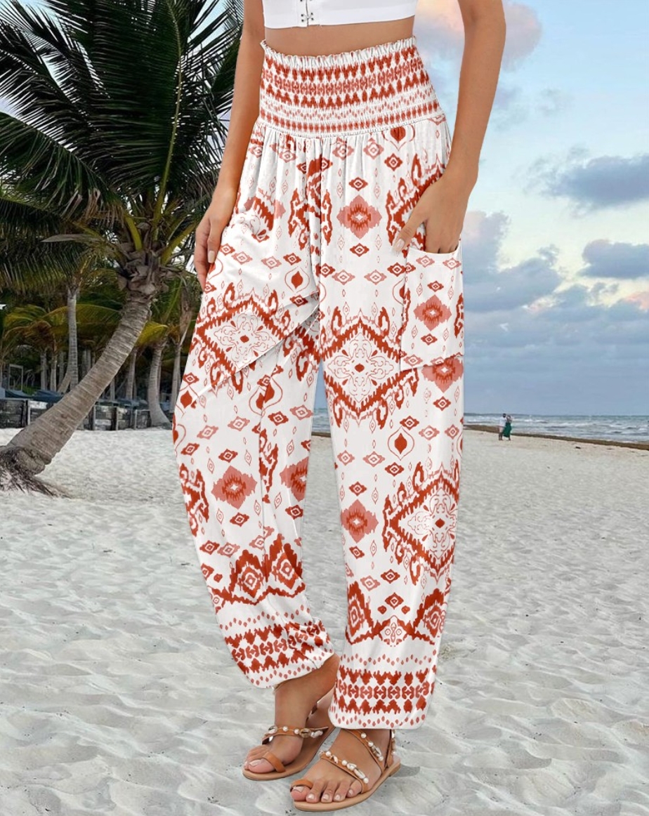 Pantalon Harem Bohème Taille Haute pour Femme avec Imprimé Floral et Géométrique, Poches Latérales et Chevilles Élastiquées – Idéal pour les Vacances à la Plage