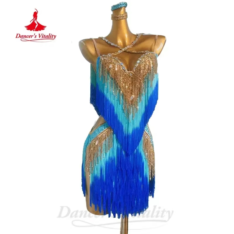 Robe de danse latine à franges pour femmes, vêtements de Performance personnalisés avec pierres AB, Tango Chacha, robes professionnelles de danse latine