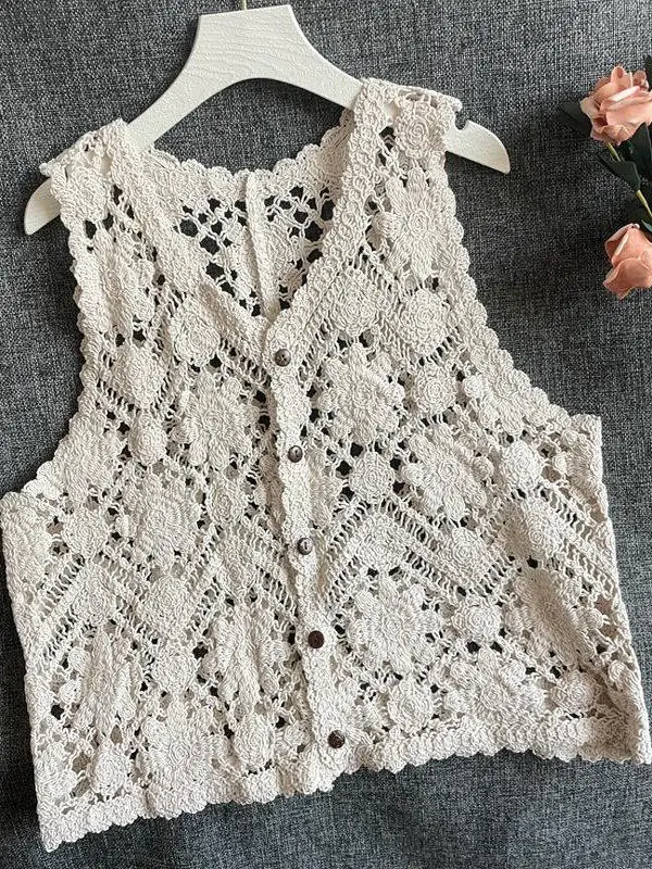 Gilet en crochet floral brodé pour femme, cardigan sans manches ajouré en maille ouverte, tenue bohème pour festival d'été