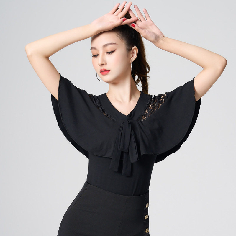 Haut de danse latine élégant à volants pour femme, col en V, patchwork en maille, tenue de performance pour la danse latine et la danse en ligne