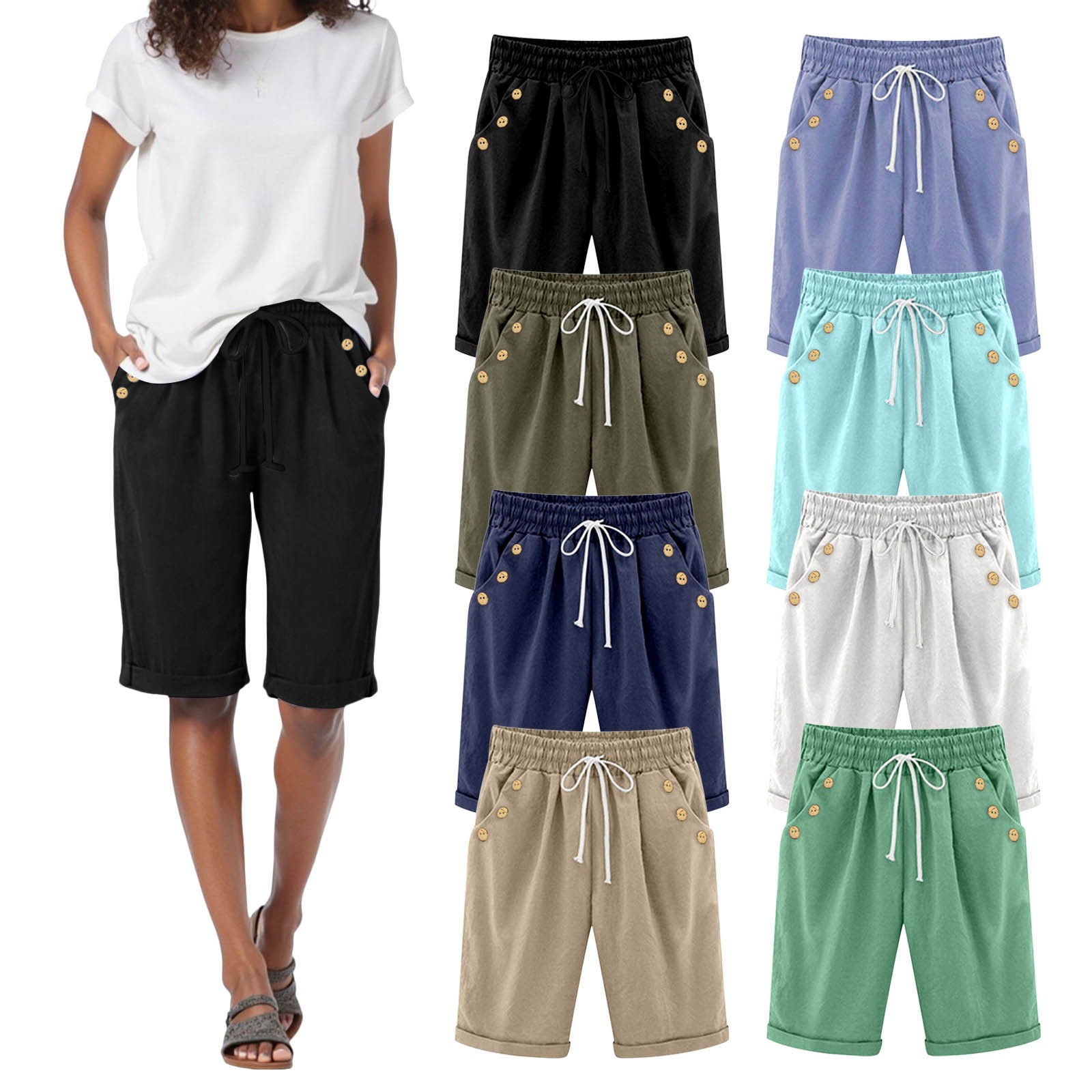 Short de plage décontracté pour femme, pantalon d'été pour vacances, couleur unie, poche à boutons, élastique, haute