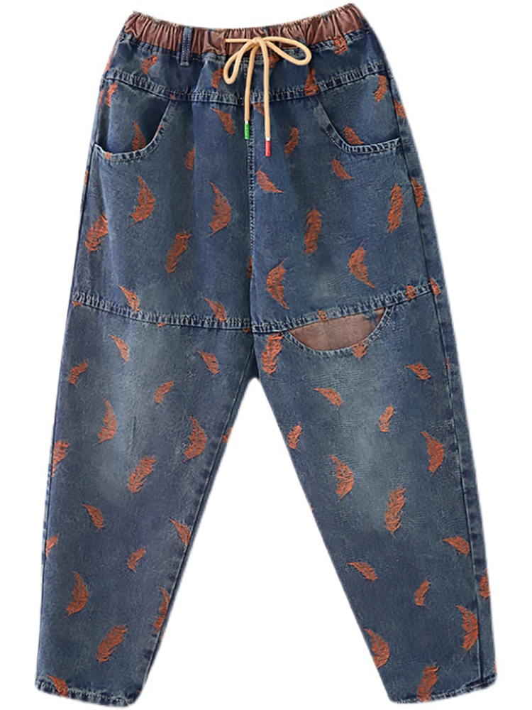 Jean pour femmes printemps rue plume broderie couleur contraste ample mince cordon poches taille élastique Denim pantalon femme